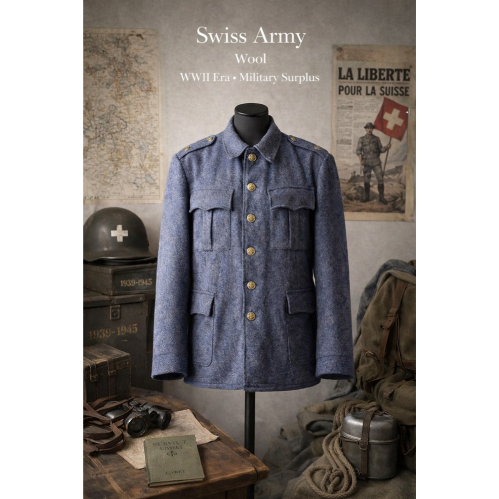 Swiss Army Jacket Men M WWII M40 Wool Field Cross Button Heritage Gray Blue VTG